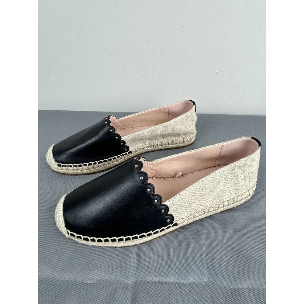KATE SPADE Leather Gwendolyn Black Tan Applique Studded Espadrilles Sz 7.5B